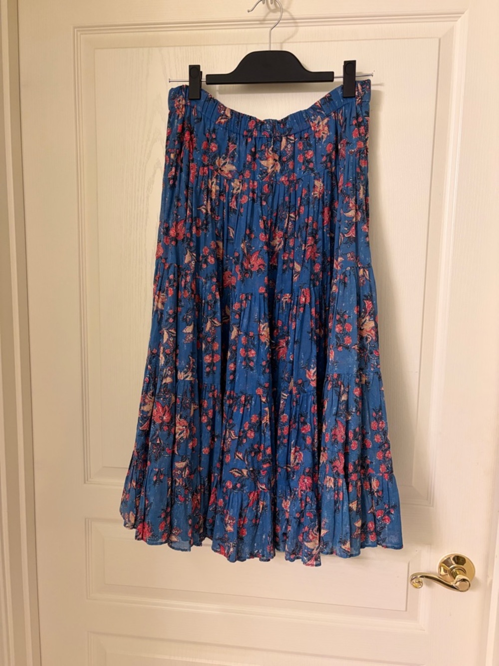 Blue Floral Tiered Midi Skirt with Elastic Waist